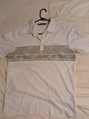 TravisMathew White Polo with Gray Palm Stripe